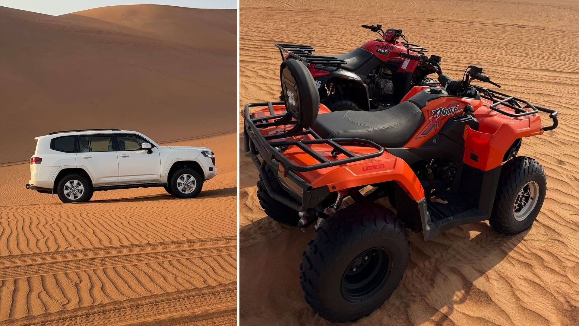 Split image: a white Land Cruiser on rippled red sand and two parked quad bikes on a dune