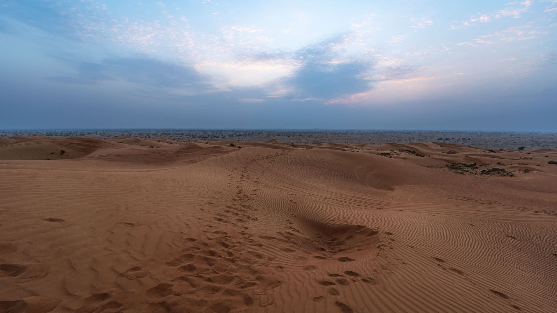 Pale blue pre-dawn sky over rippled desert dunes with a line of footprints in the sand