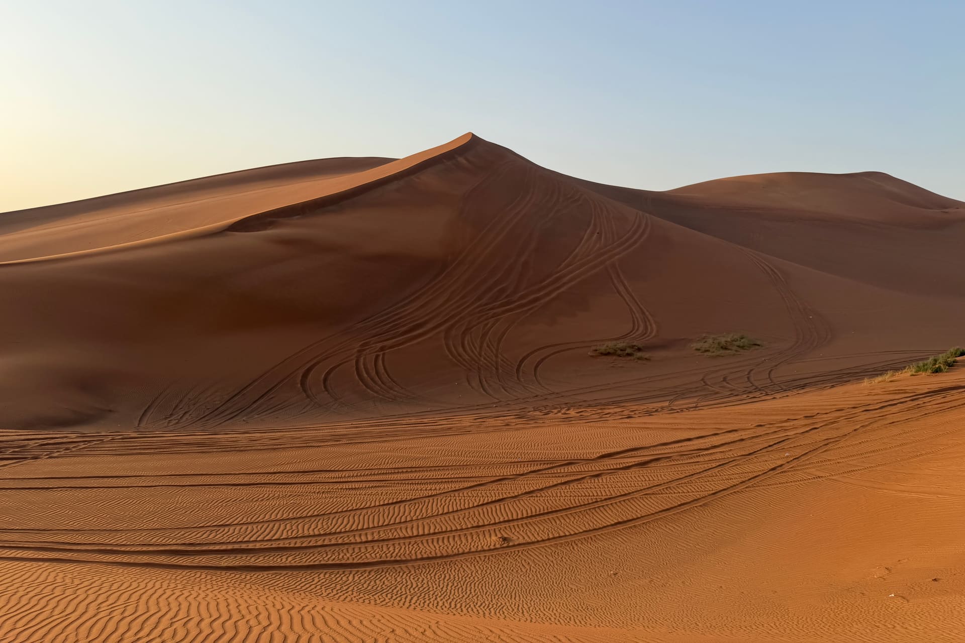 Curving tyre tracks on the slope of a large orange dune under a clear sky